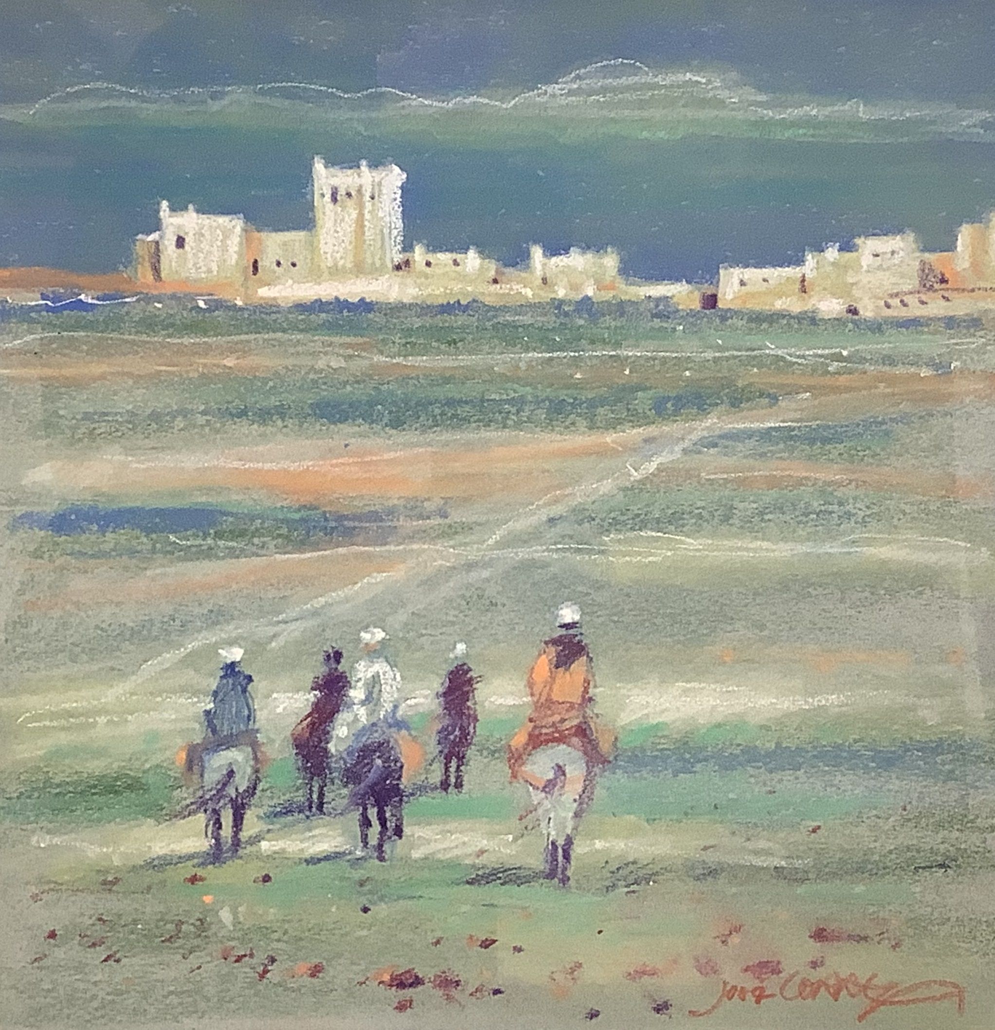 Jose Correa (French b. 1950), pastel, Five equestrian figures approaching a town, 30 x 30cm